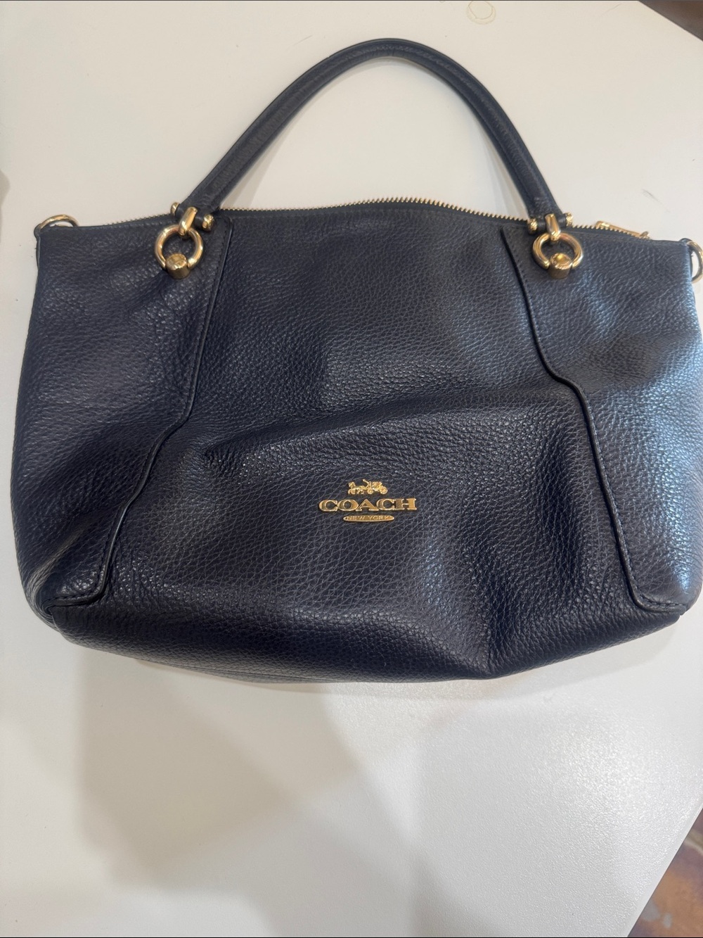 Coach Pebbled Leather Tote in Navy Blue with Gold Hardware